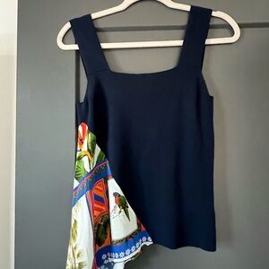 Navy Ecru Silk Scarf Asymmetrical Top | Size: Small